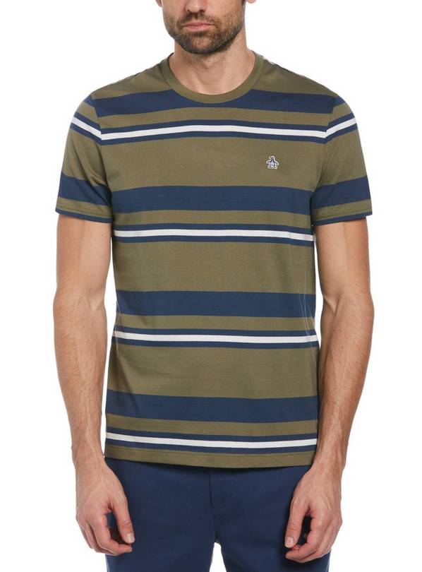 ORIGINAL PENGUIN Embroidered Striped T Shirt In Khaki L