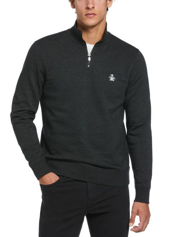 ORIGINAL PENGUIN Quarter Zip Sweatshirt In Dark Charcoal L