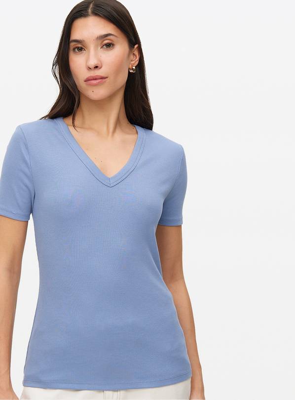 Blue Ribbed V Neck Short Sleeve T-Shirt 16