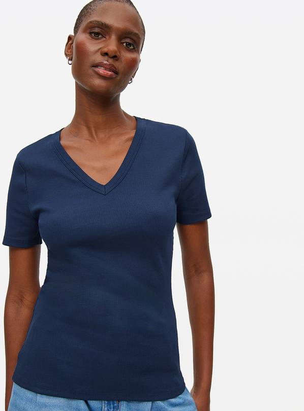 Navy Ribbed V Neck Short Sleeve T-Shirt 26