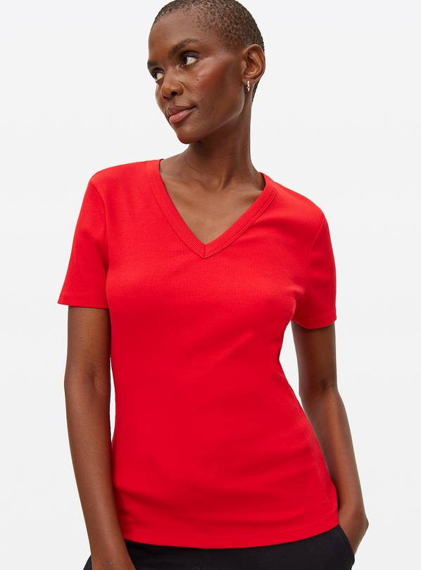 Red Ribbed V Neck Short Sleeve T-Shirt 16