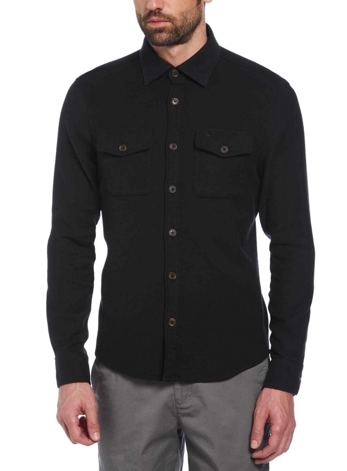 ORIGINAL PENGUIN Long Sleeve Double Pocket Overshirt In Black XS