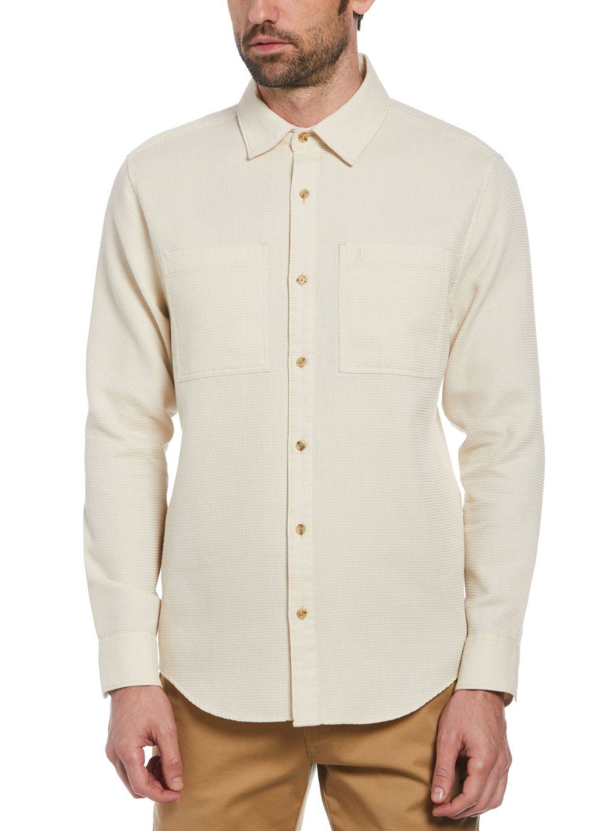 ORIGINAL PENGUIN Long Sleeve Waffle Shirt In Birch XL - Image 1