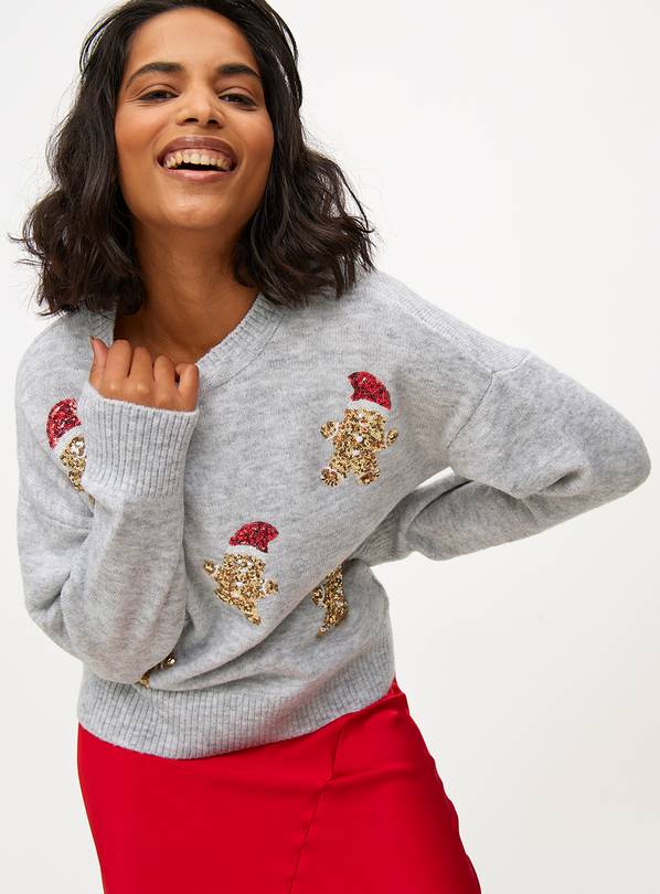 Grey Sequin Christmas Gingerbread Crew Neck Knitted Jumper 14