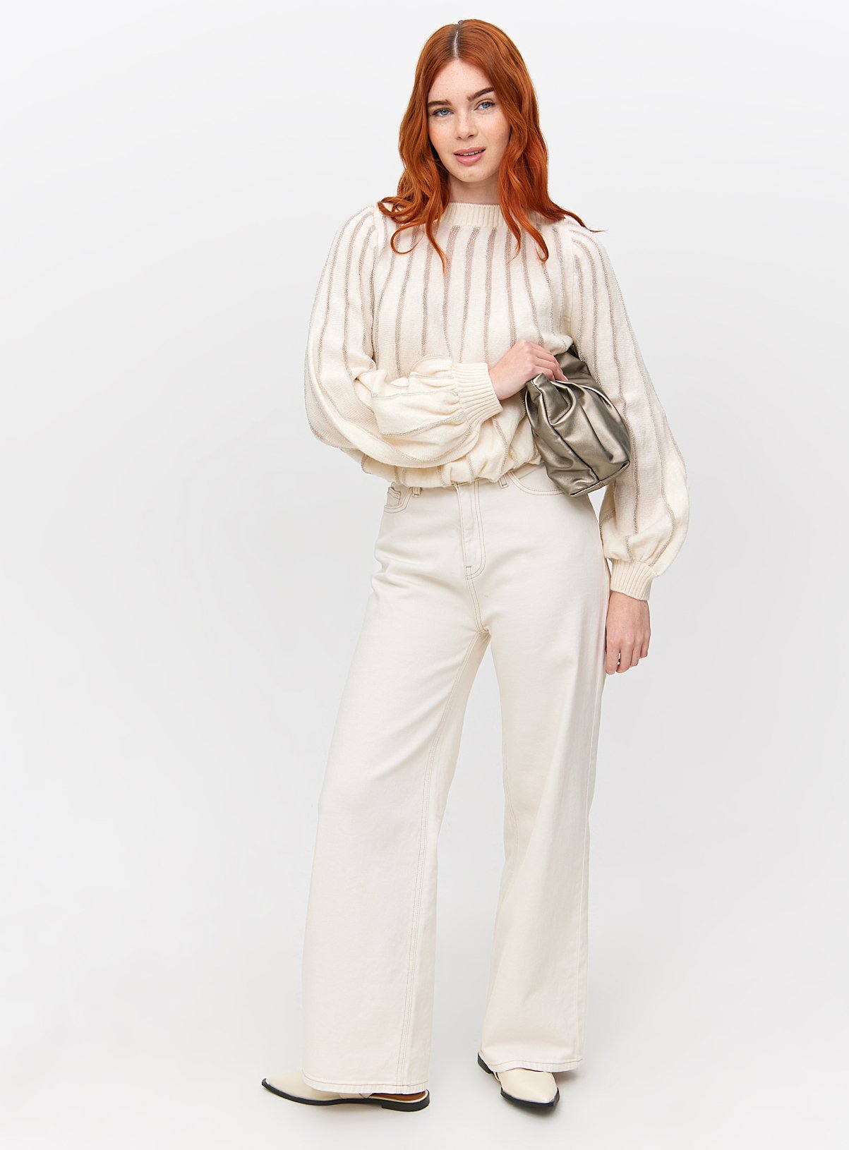 Cream Glitter Stripe Volume Sleeve Jumper 10 - Image 2 thumbnail