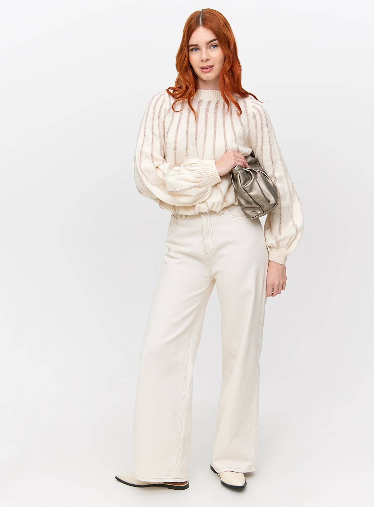 Cream Glitter Stripe Volume Sleeve Jumper 10 - Image 2