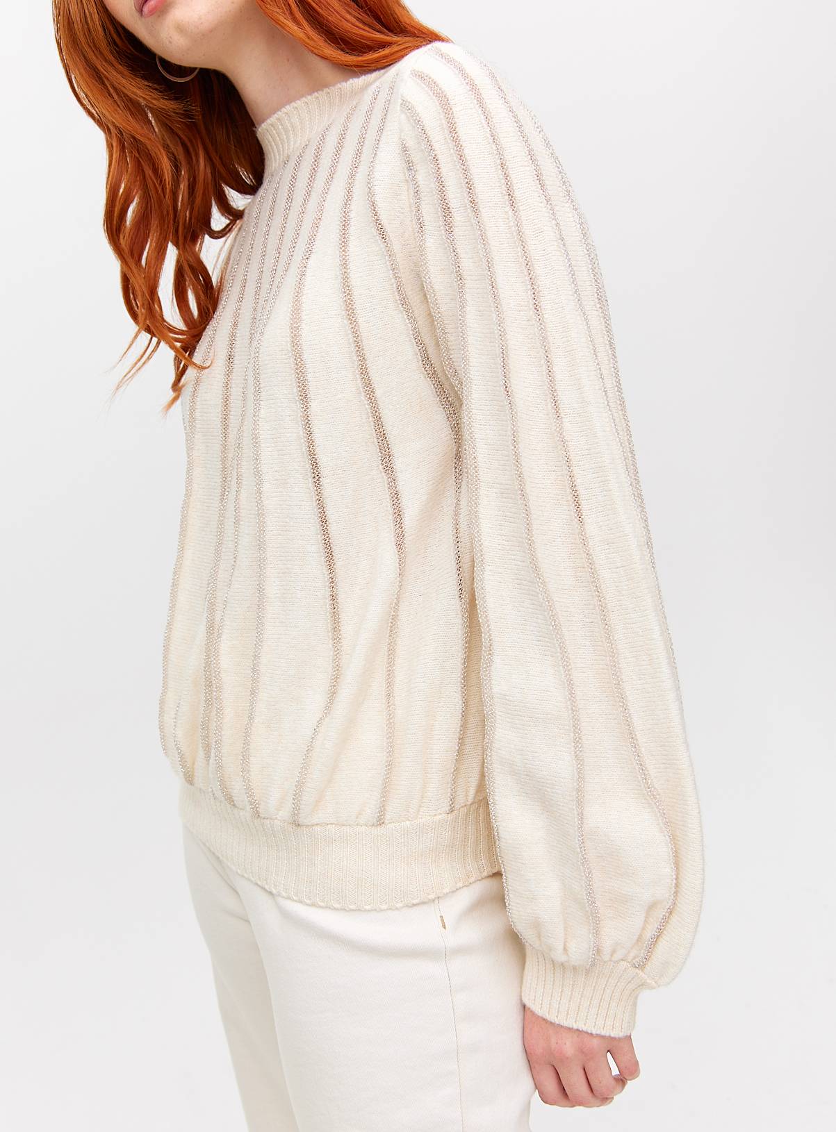 Cream Glitter Stripe Volume Sleeve Jumper 10 - Image 3