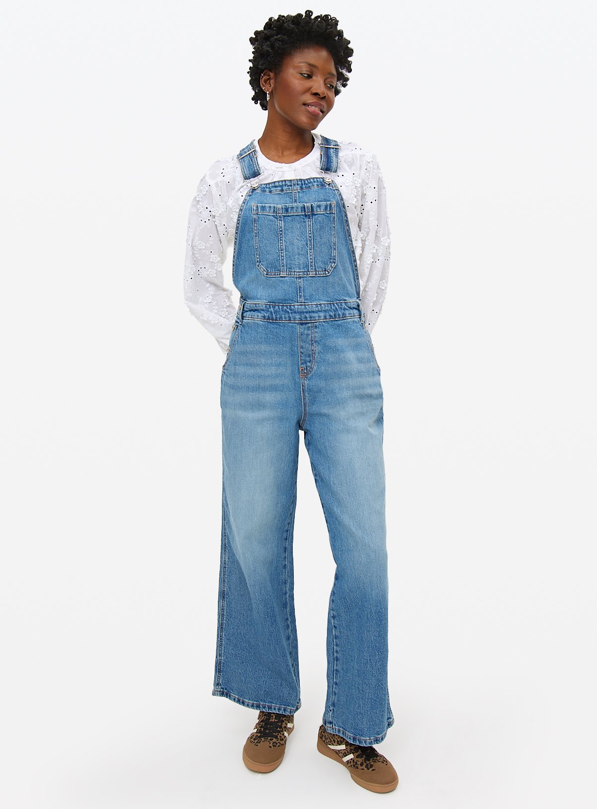 Mid Rinse Wide Leg Denim Dungarees 10