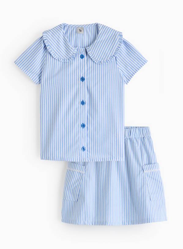 Blue Stripe Gingham Blouse & Skirt 3 years