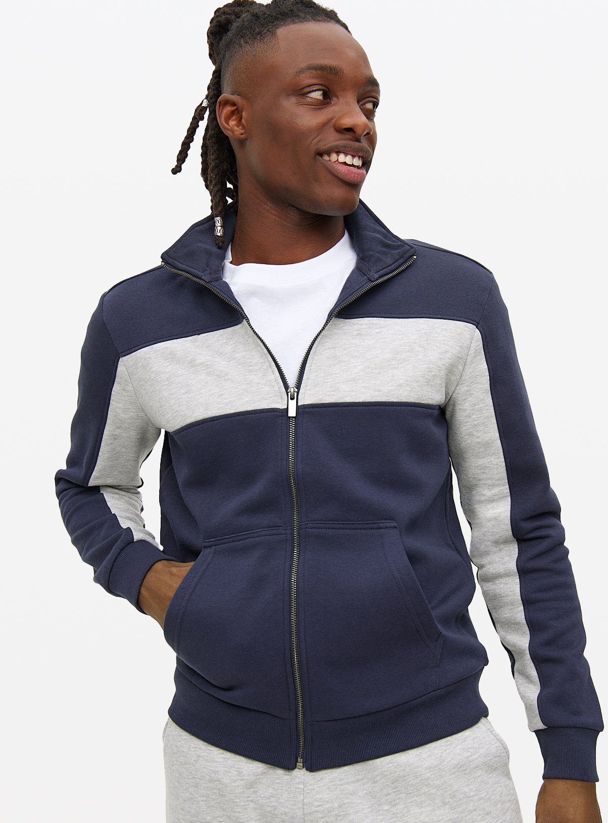 Navy Colour Block Zip Funnel Sweatshirt XL - Image 1 thumbnail