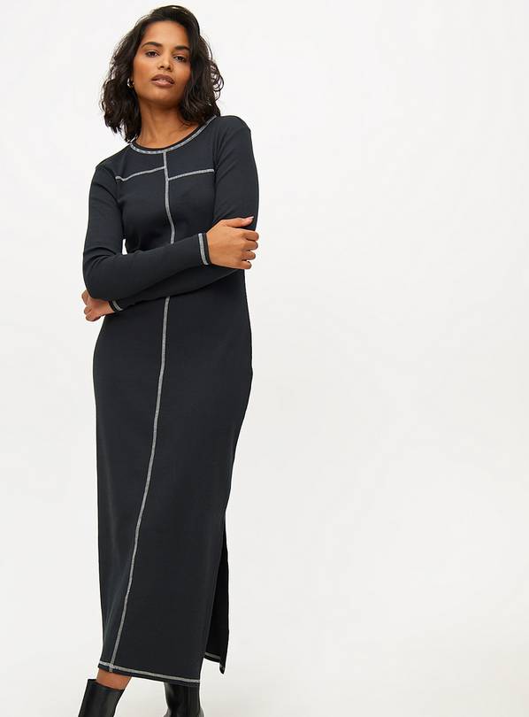 Black Ribbed Contrast Stitch Column Midi Dress 12