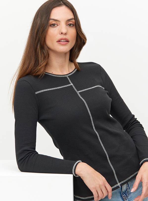 Black Contrast Stitch Ribbed Long Sleeve Top 8