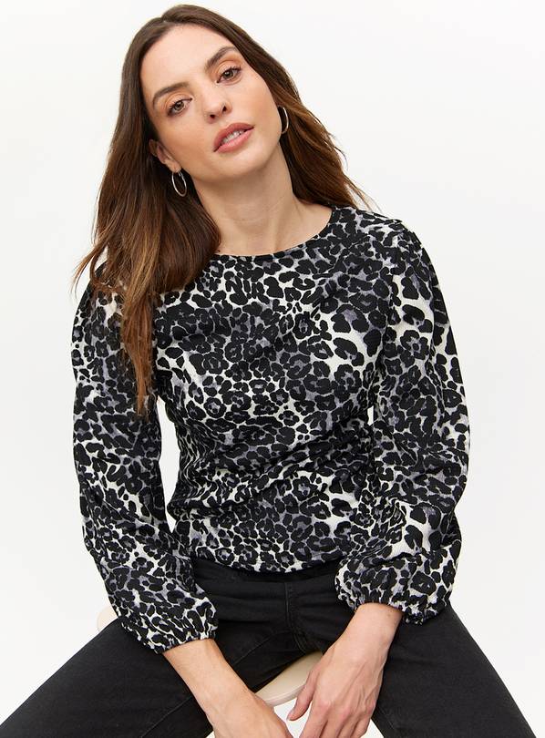 Grey Animal Print Gathered Detail Long Sleeve Top 14