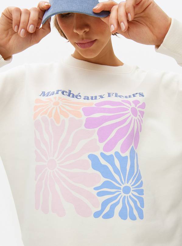 Cream Flower Graphic Crew Sweatshirt L