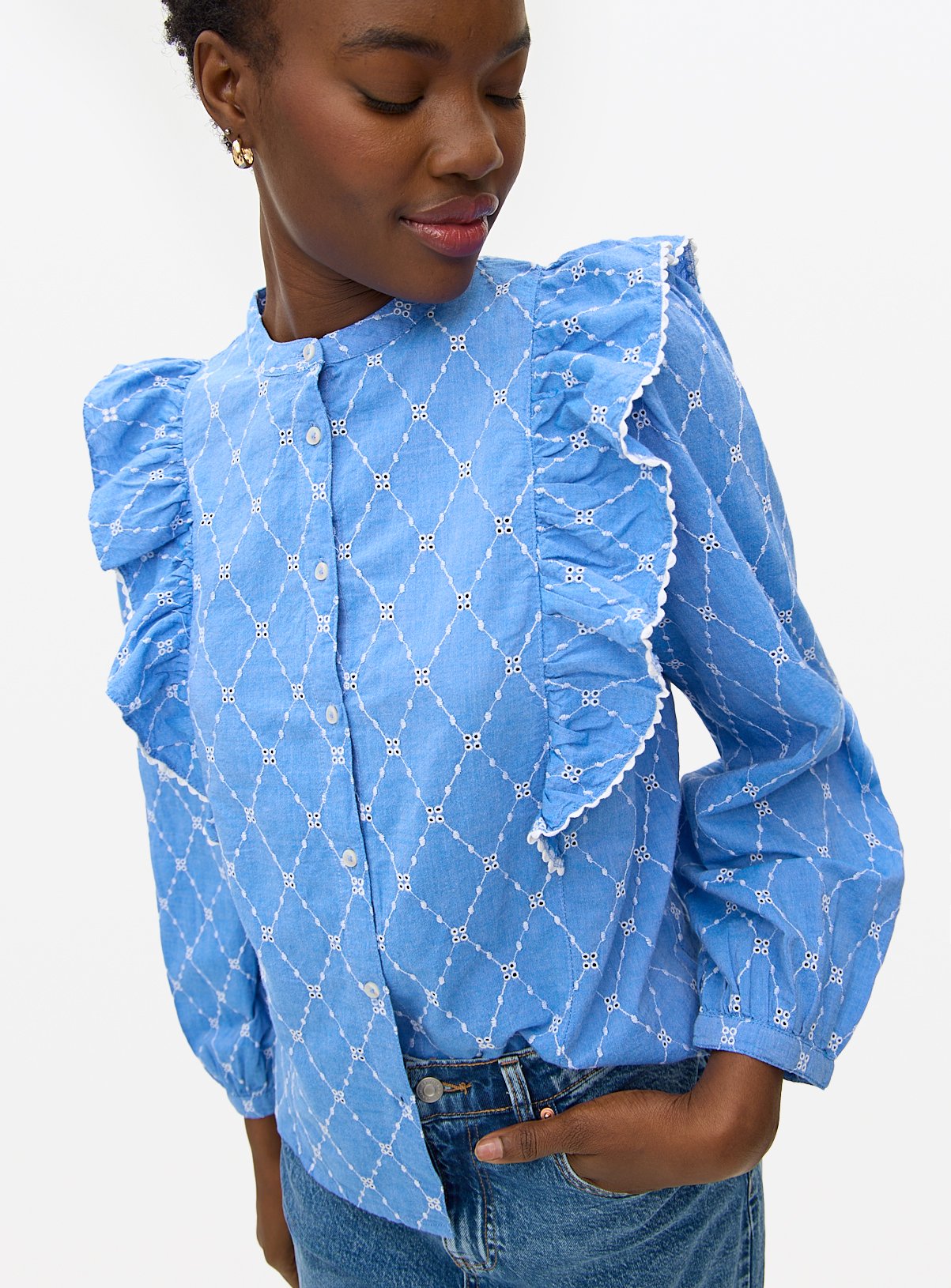 Blue Embroidered Frill Chambray Shirt