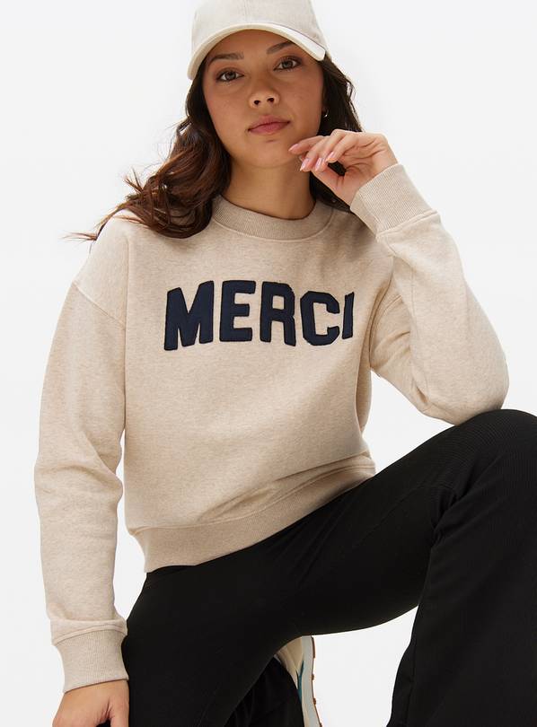 Oatmeal Merci Slogan Crew Sweatshirt XXL