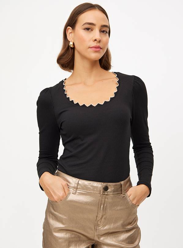 Black Sparkle Scallop Trim Long Sleeve Top 12