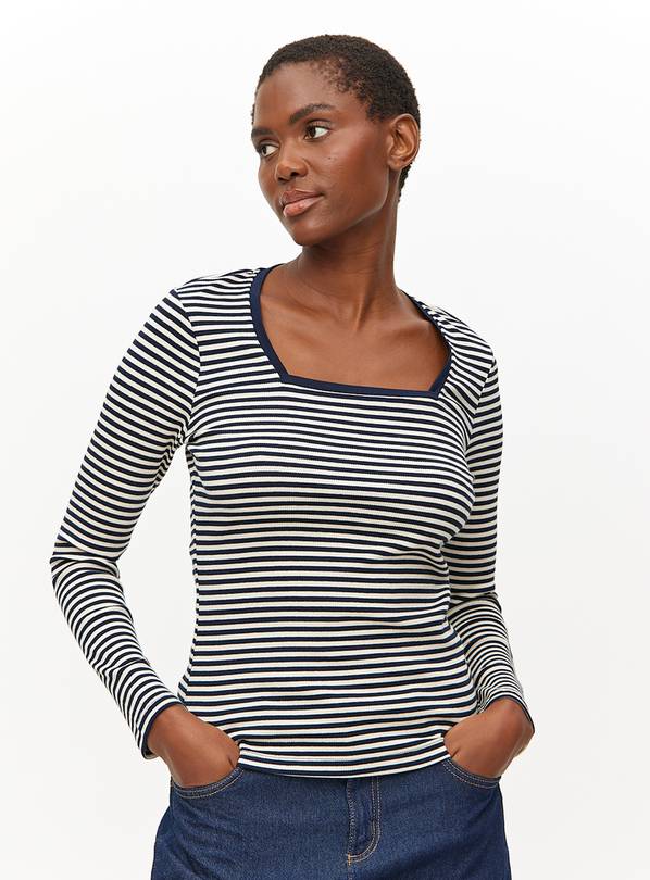 Navy Stripe Square Neck Long Sleeve Top 14