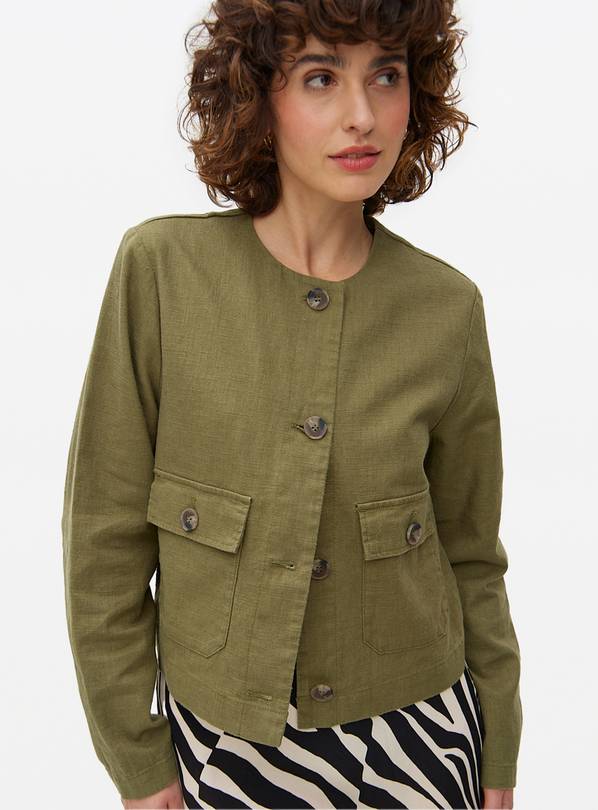 Khaki Linen Blend Button Boxy Jacket 18