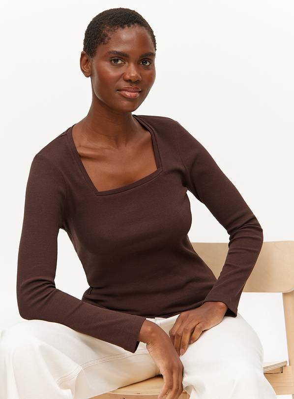 Brown Ribbed Square Neck Long Sleeve Top 16