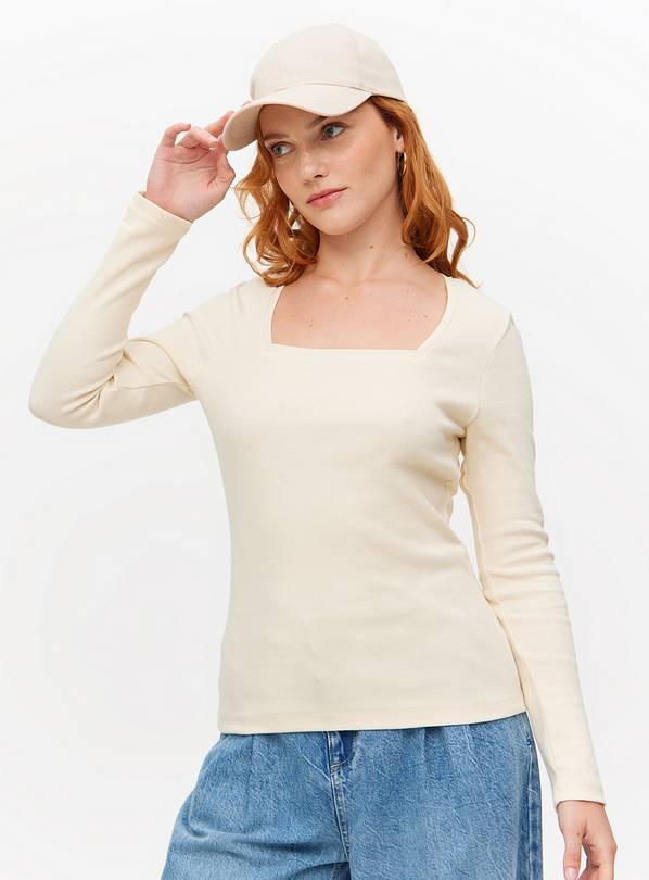 Cream Ribbed Square Neck Long Sleeve Top 10