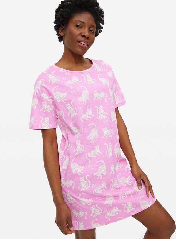 Bright Pink Cat Printed Nightdress L