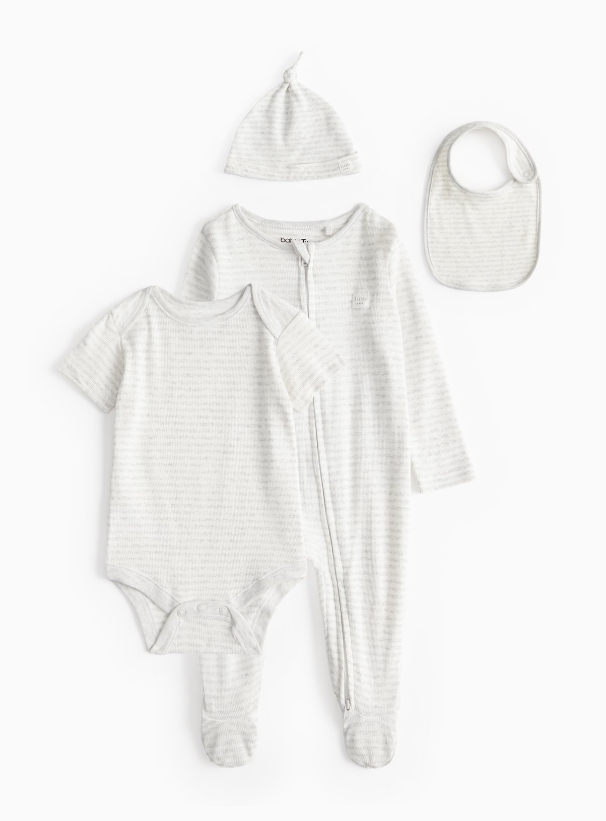 Unisex Grey Stripe Baby 4 Piece Starter Set Tiny Baby