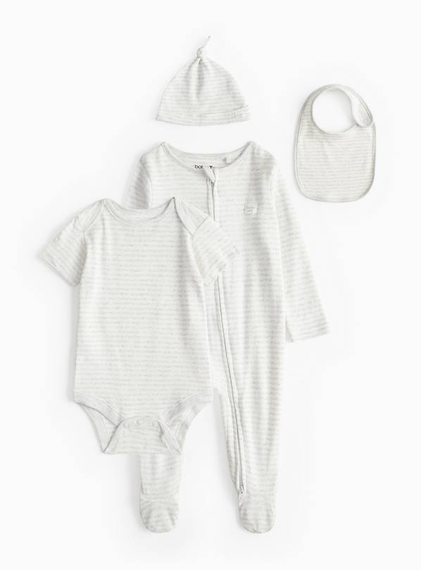 Unisex Grey Stripe Baby 4 Piece Starter Set Up to 3 mths