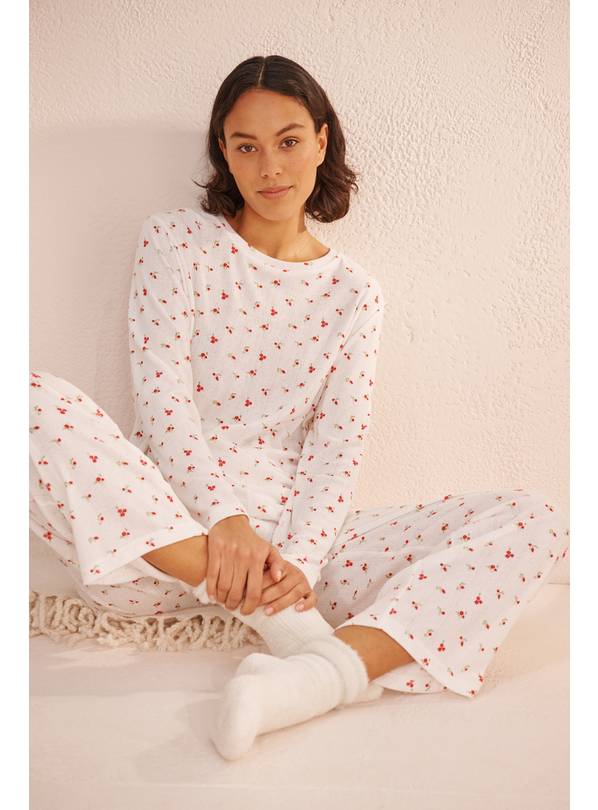 White Floral Pointelle Long Sleeve Pyjamas M