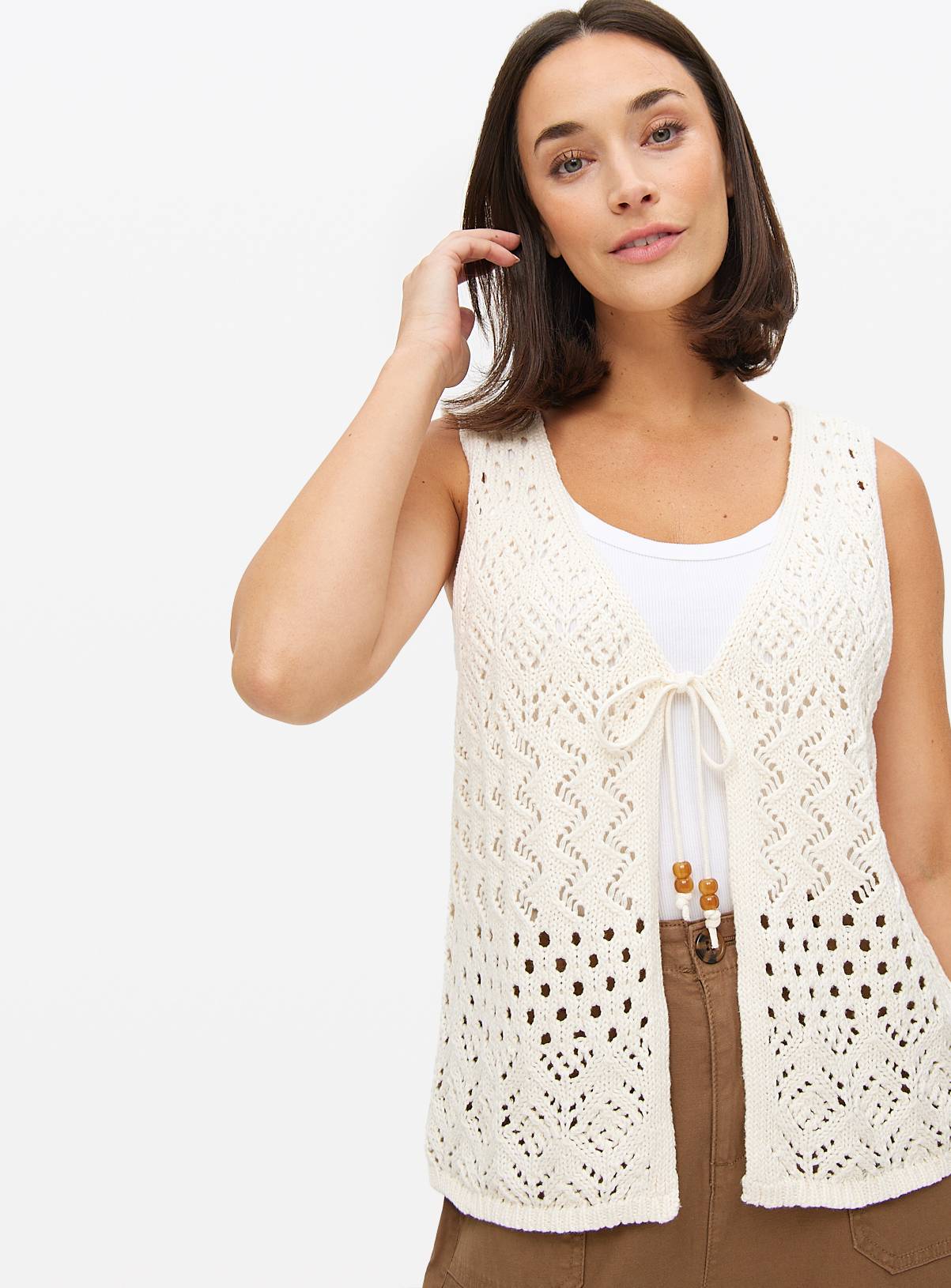 Neutral Tie-Front Crochet Waistcoat 24 - Image 1