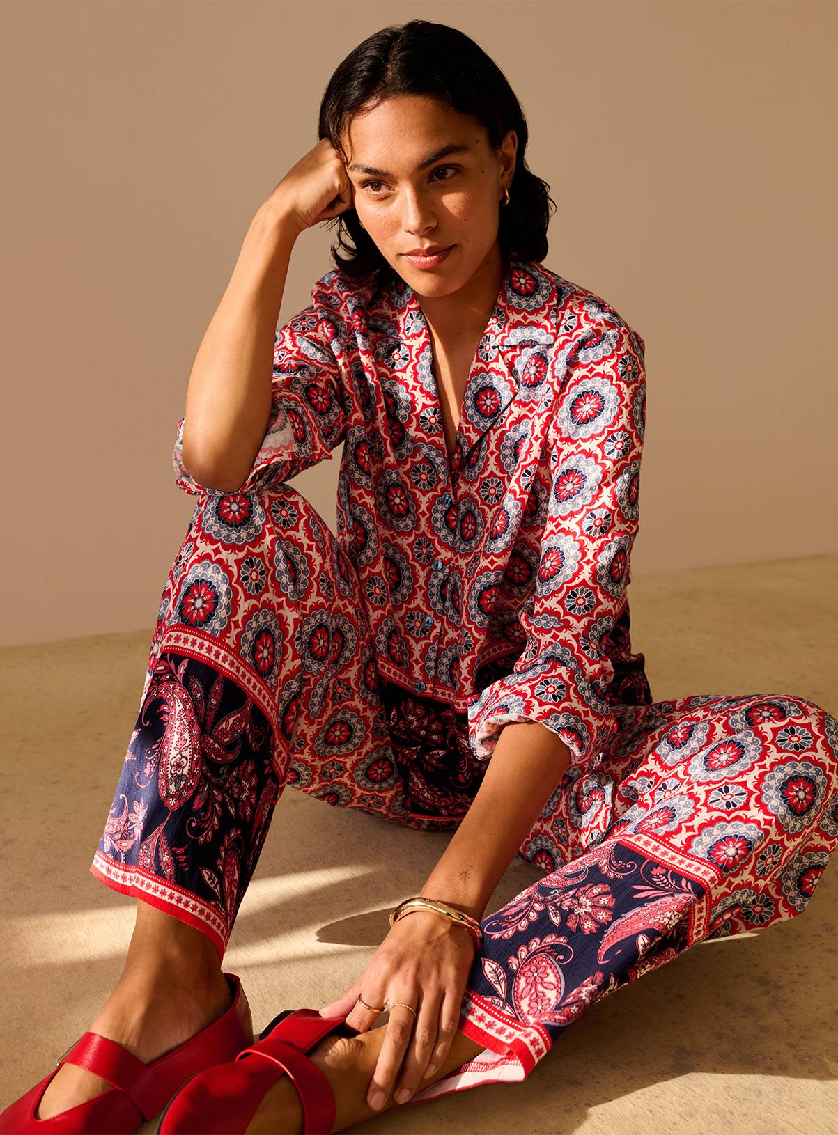 Red Border Printed Wide Leg Co-ord Trousers 14 - Image 1