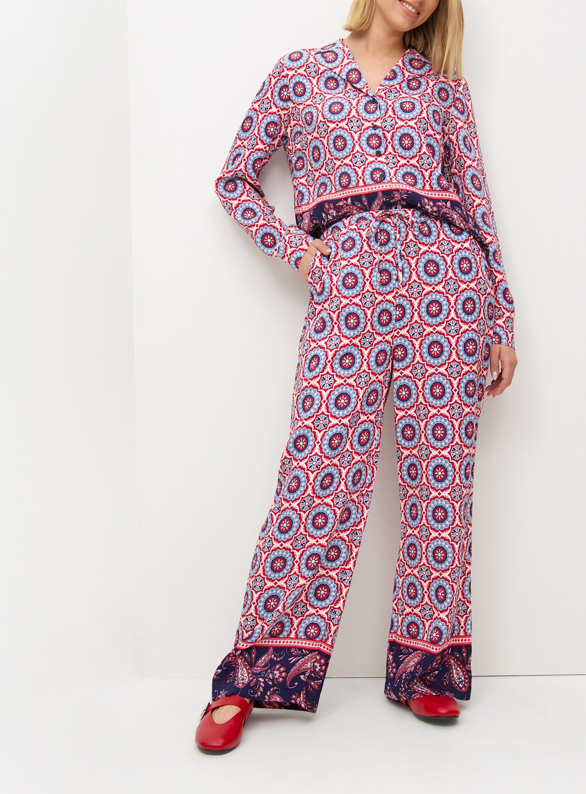 Red Border Printed Wide Leg Co-ord Trousers 14 - Image 2 thumbnail