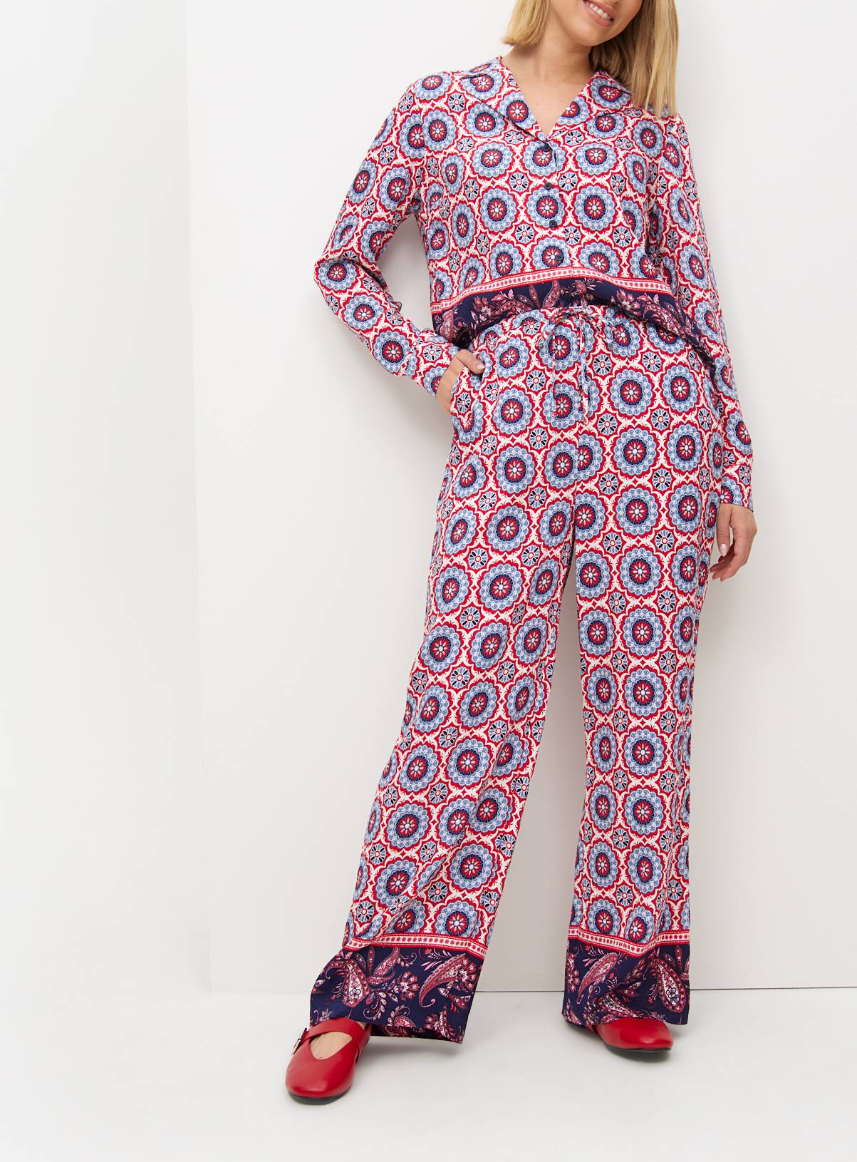 Red Border Printed Wide Leg Co-ord Trousers 14 - Image 2