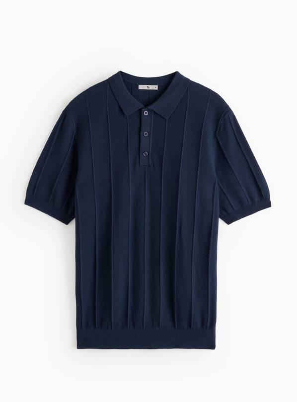 Navy Ribbed Stripe Polo Shirt M