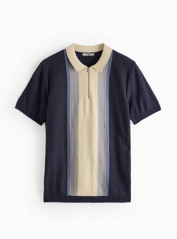 Navy Colour Block Knit Polo Shirt XL