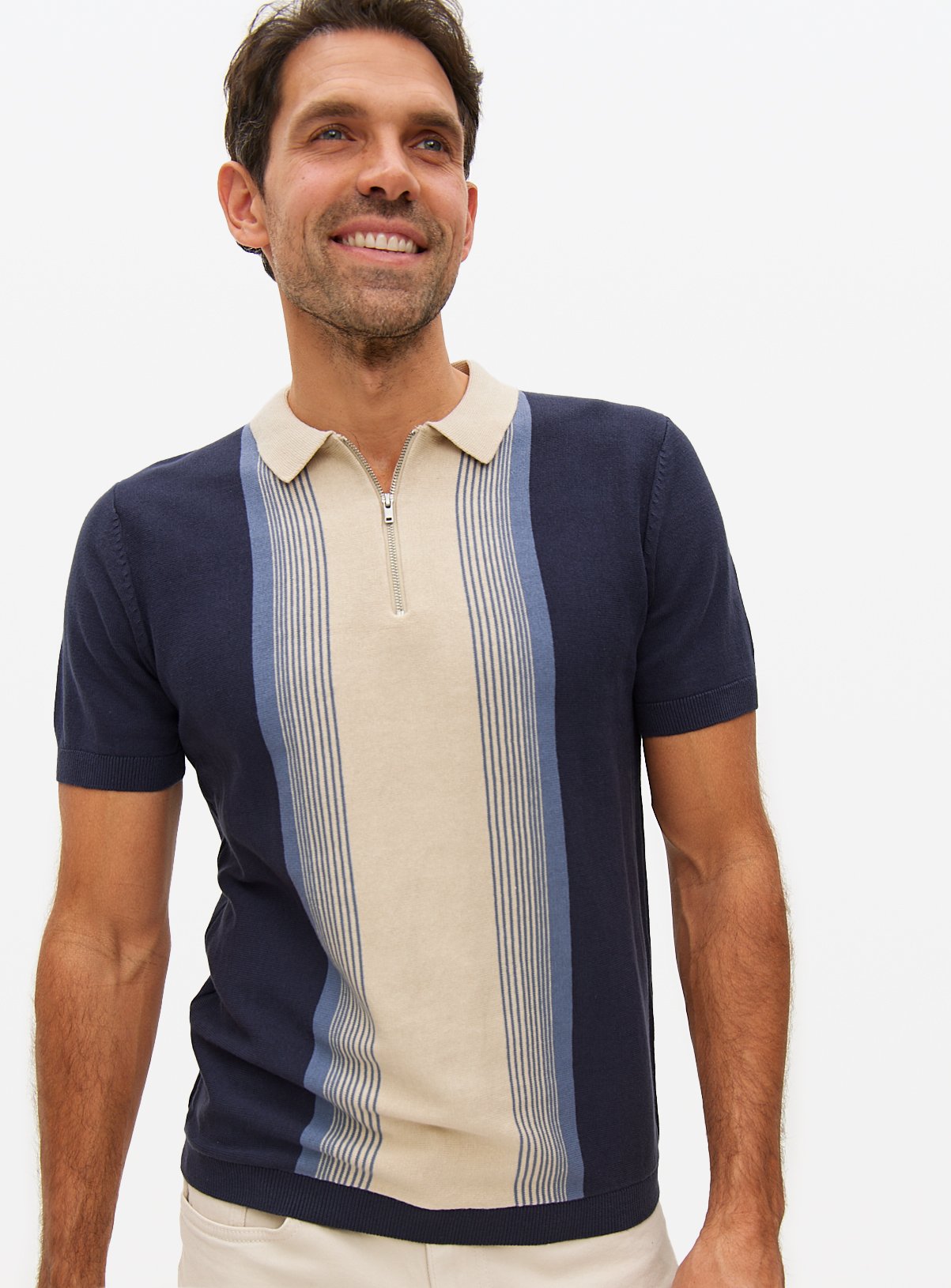 Navy Colour Block Knit Polo Shirt XL - Image 1 thumbnail