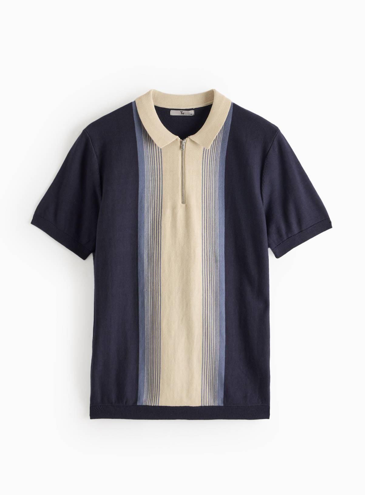 Navy Colour Block Knit Polo Shirt XL - Image 3