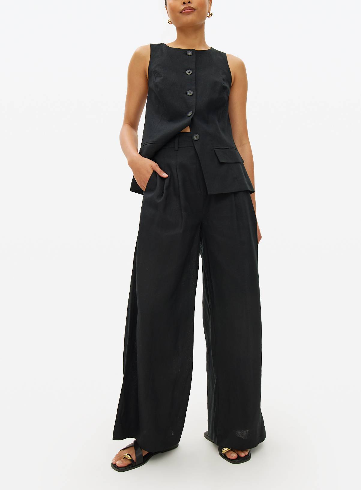 Black Linen Ultra Wide Co-ord Trousers 14R - Image 1