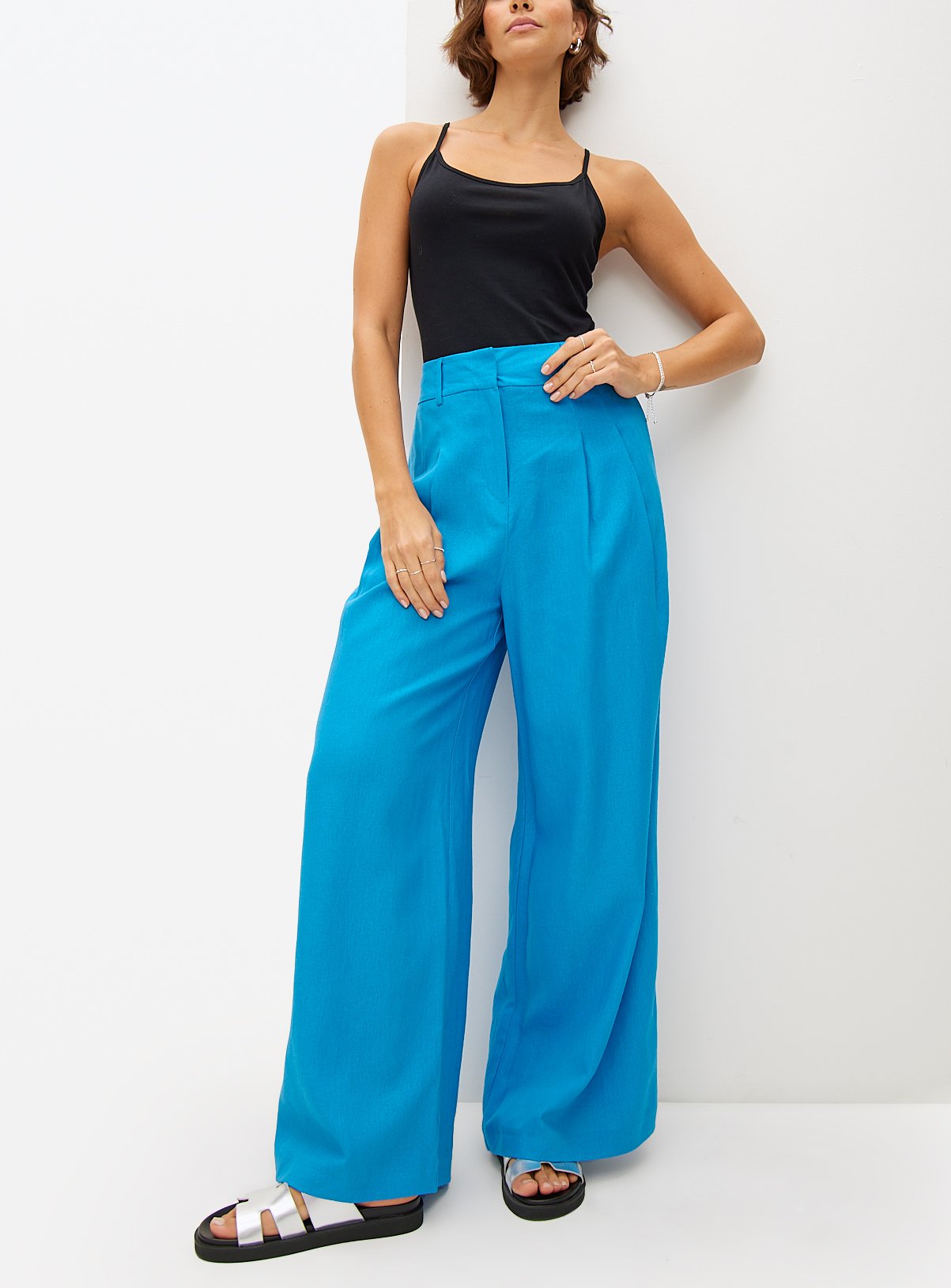 Blue Linen Ultra Wide Co-ord Trousers 10R - Image 1 thumbnail