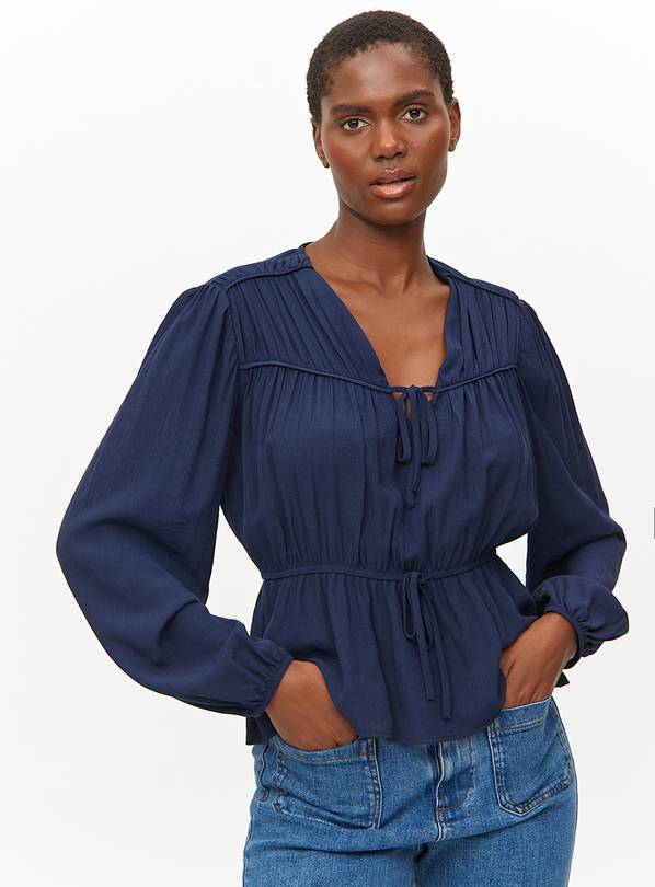 Navy Tie-Front Long Sleeve Blouse 24