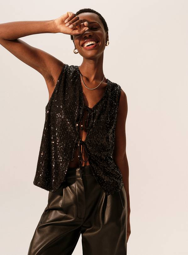 Black Sequin Embellished Tie-Front Waistcoat 14