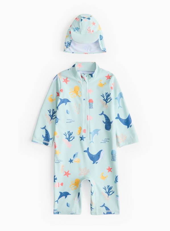 Blue Sea Print Sunsafe Swimsuit & Keppi Hat Set 2-3 years