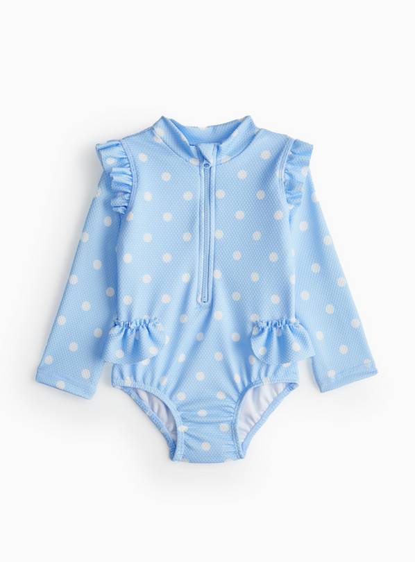 Blue Spot Frill Textured Long Sleeve Swimsuit  Up to 3 mths