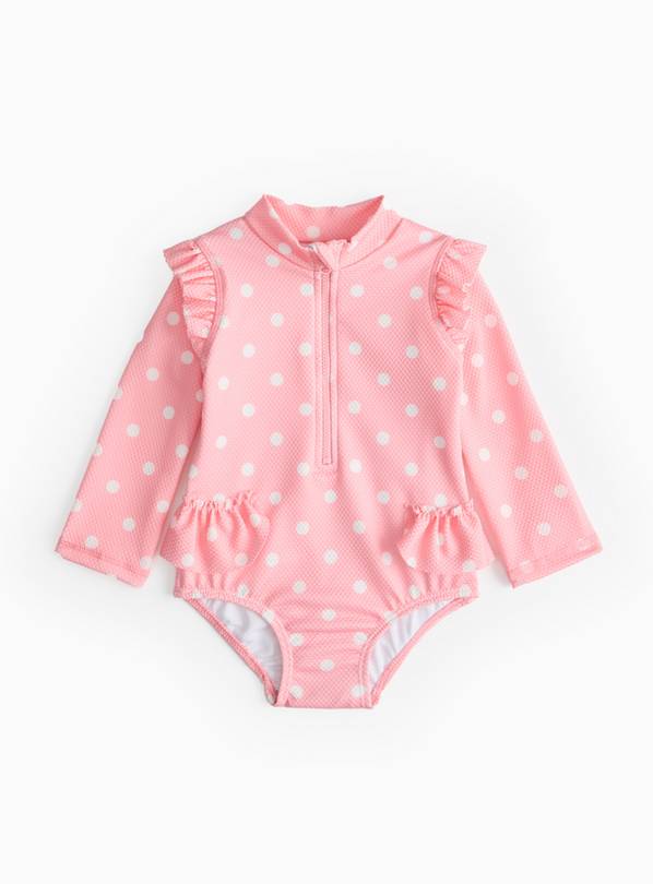 Pink Textured Long Sleeve Spot Print Swimsuit 12-18 months