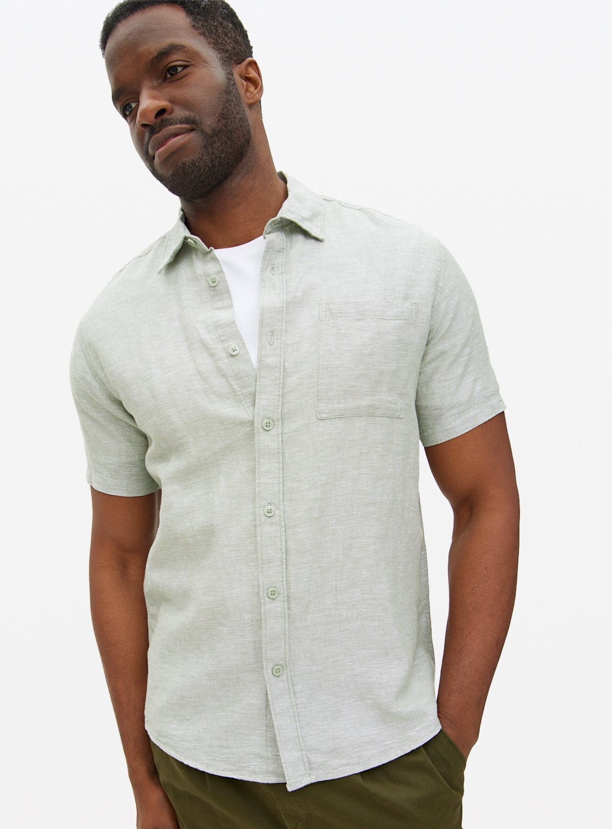 Men's Green Linen Blend Short Sleeve Shirt