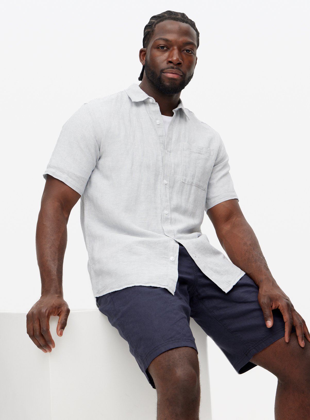 Men's Navy Striped Textured Linen Blend Shirt