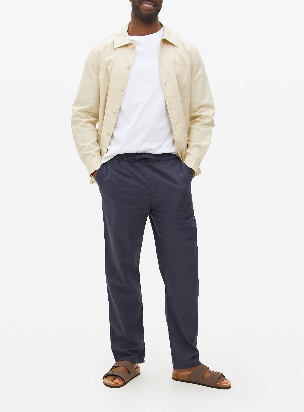 Navy Linen Blend Straight Leg Trousers 34S - Image 1