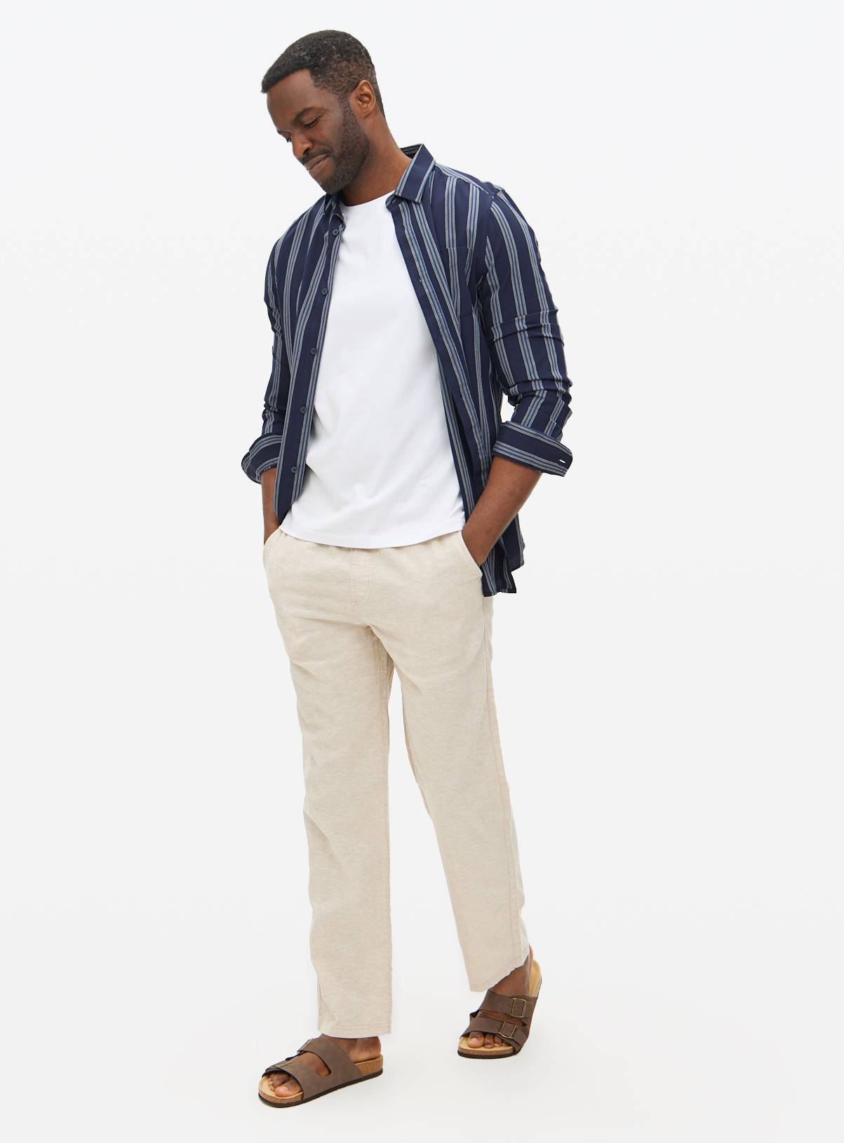Stone Linen Blend Straight Leg Trousers 44S - Image 1
