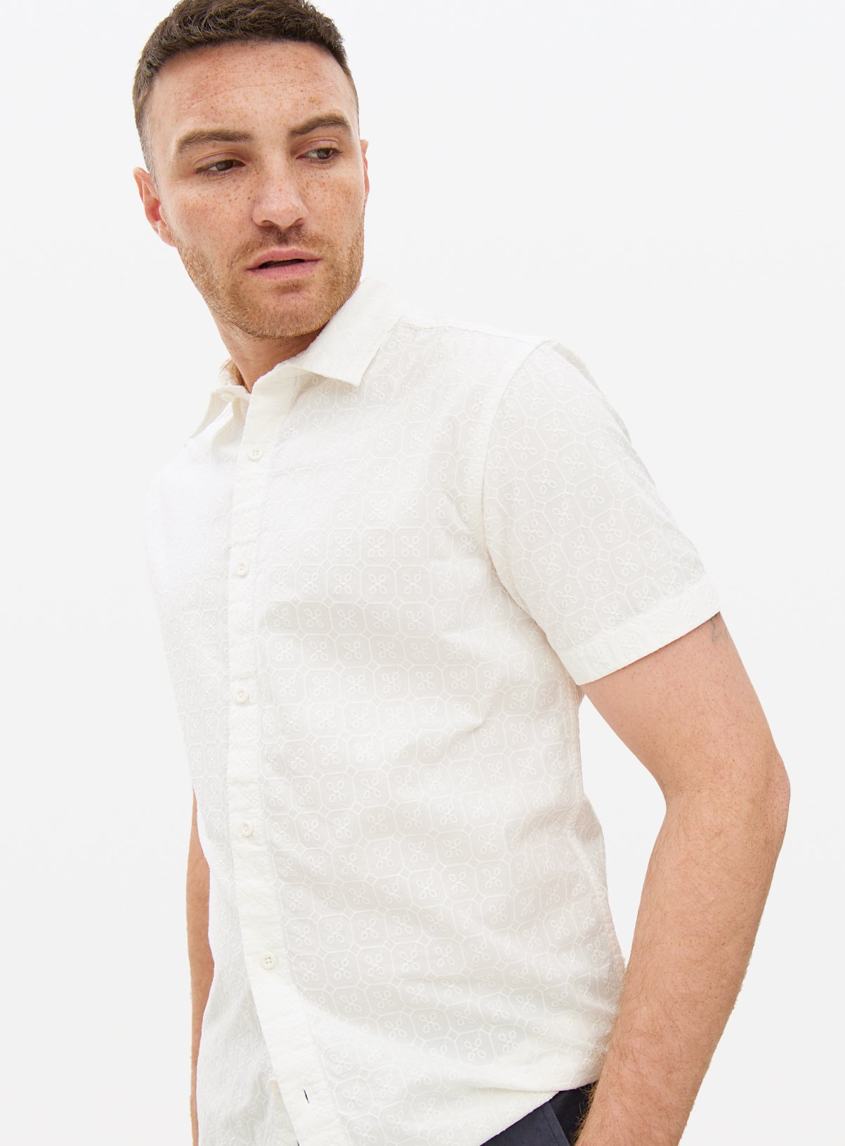 White Short Sleeve Broderie Shirt XXXL