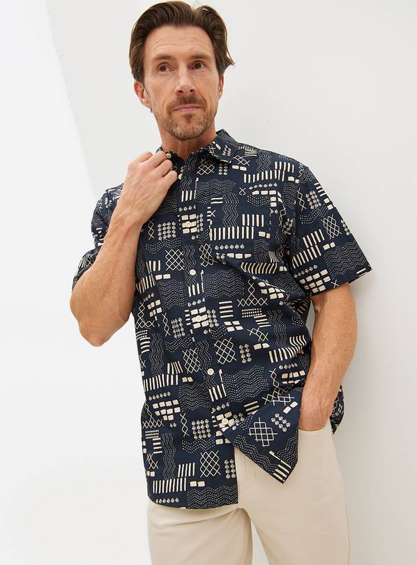 Navy Abstract Tribal Print Short Sleeve Shirt XXL